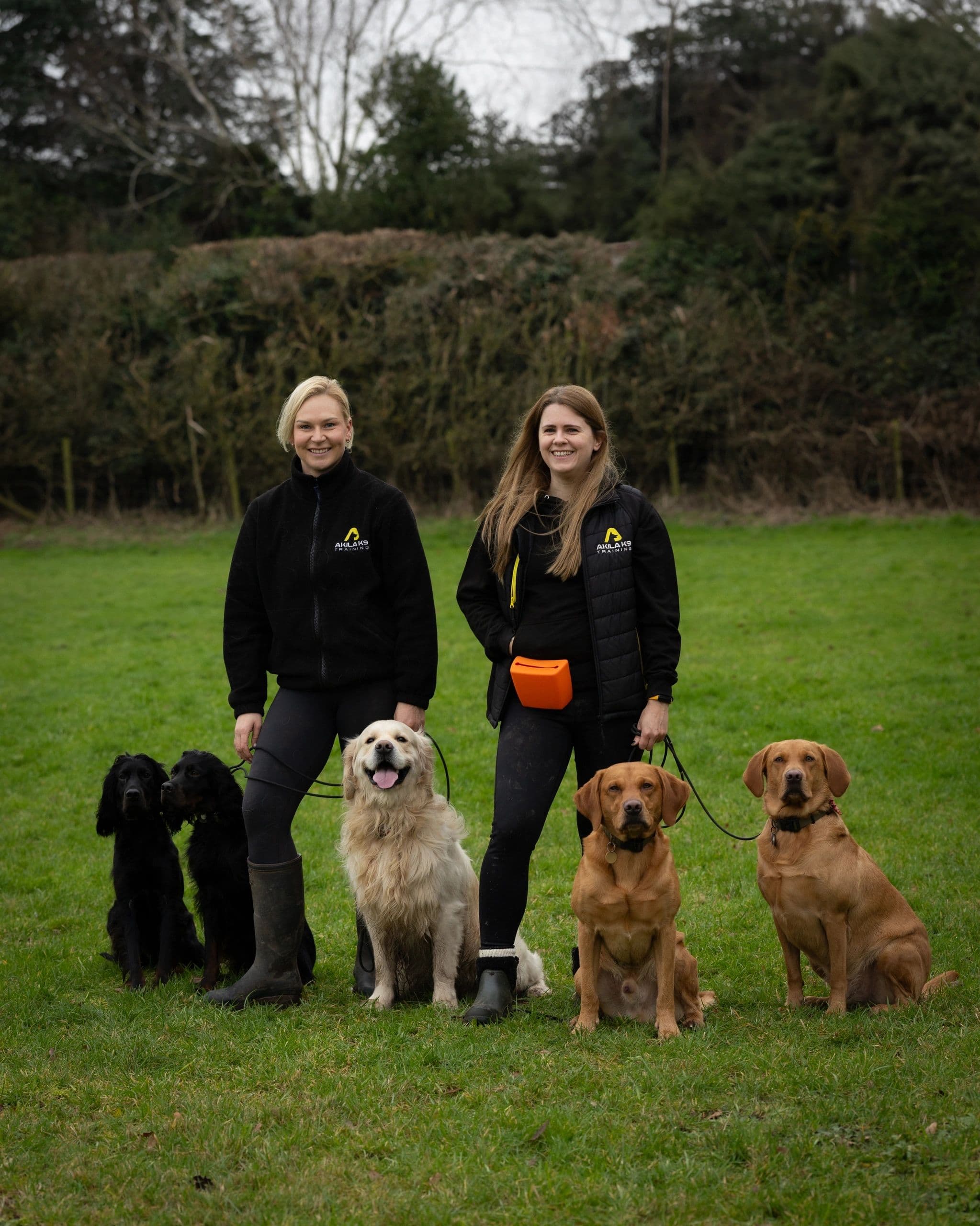 Akila K9 trainers with dogs in a grassy field